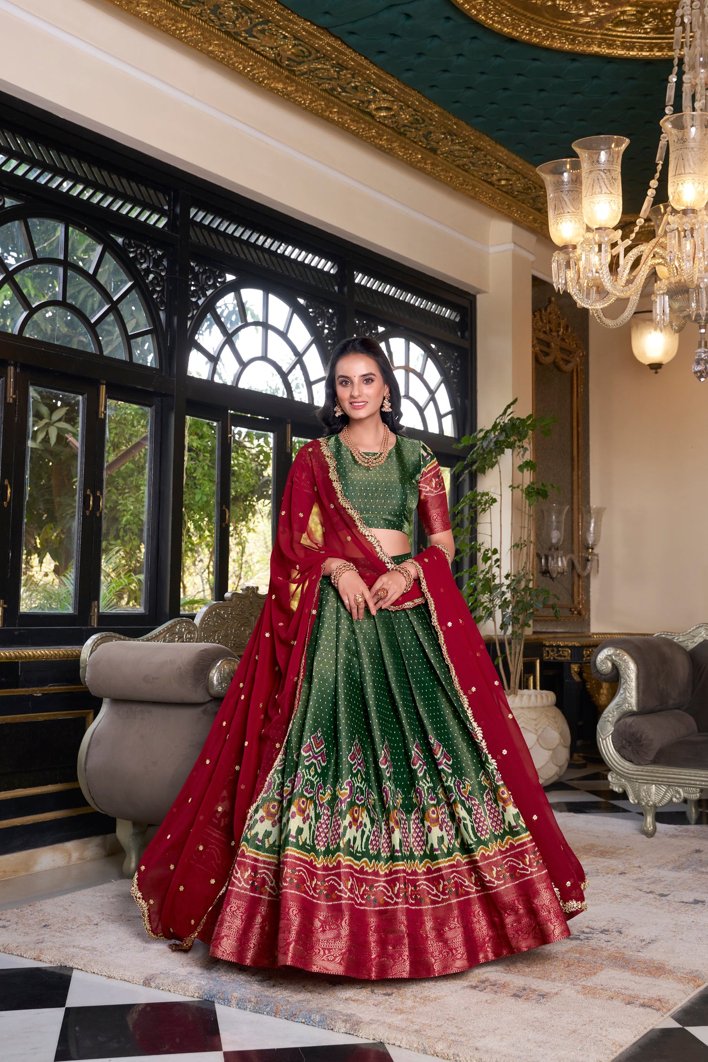 Green & Maroon Kanchipuram Silk Lehenga Choli with Zari Weaving | Wedding Wear 2025