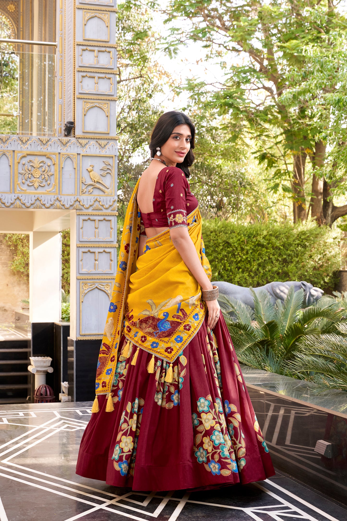 Maroon Tasar Silk Printed Lehenga Choli with Mustard Dupatta | Festive Wear 2025