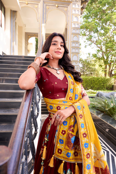 Maroon Tasar Silk Printed Lehenga Choli with Mustard Dupatta | Festive Wear 2025