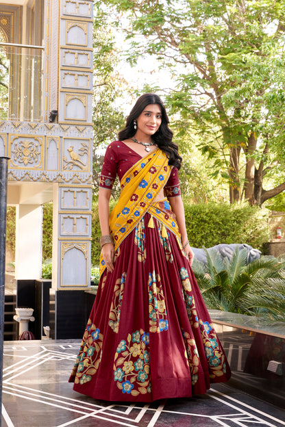 Maroon Tasar Silk Printed Lehenga Choli with Mustard Dupatta | Festive Wear 2025