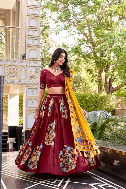 Maroon Tasar Silk Printed Lehenga Choli with Mustard Dupatta | Festive Wear 2025
