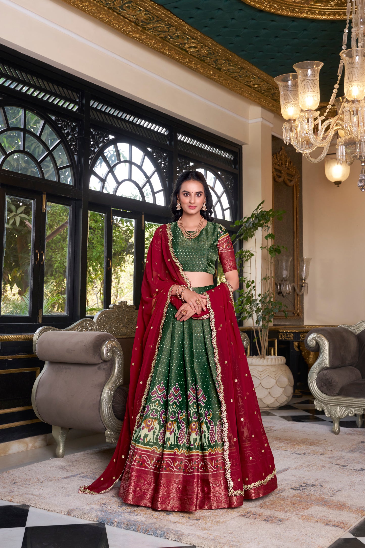 Green & Maroon Kanchipuram Silk Lehenga Choli with Zari Weaving | Wedding Wear 2025