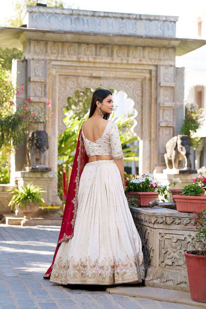 Wedding Wear Off White Lehenga Choli in Vichitra Silk with Embroidered Dupatta | 2025 Collection