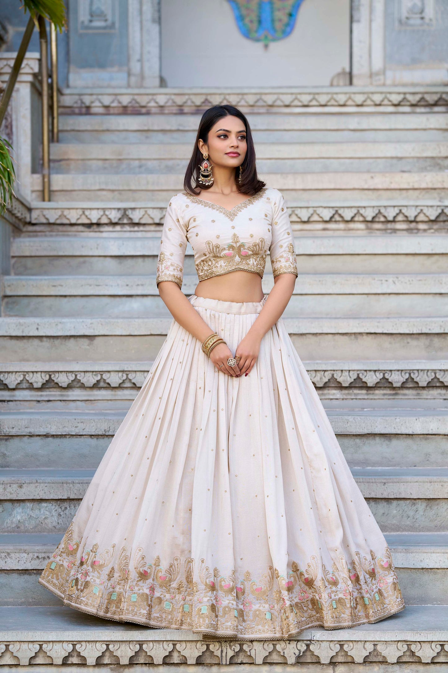 Wedding Wear Off White Lehenga Choli in Vichitra Silk with Embroidered Dupatta | 2025 Collection