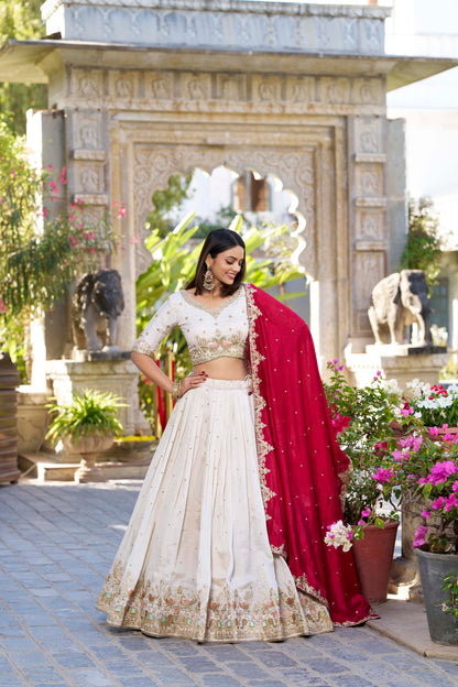 Wedding Wear Off White Lehenga Choli in Vichitra Silk with Embroidered Dupatta | 2025 Collection