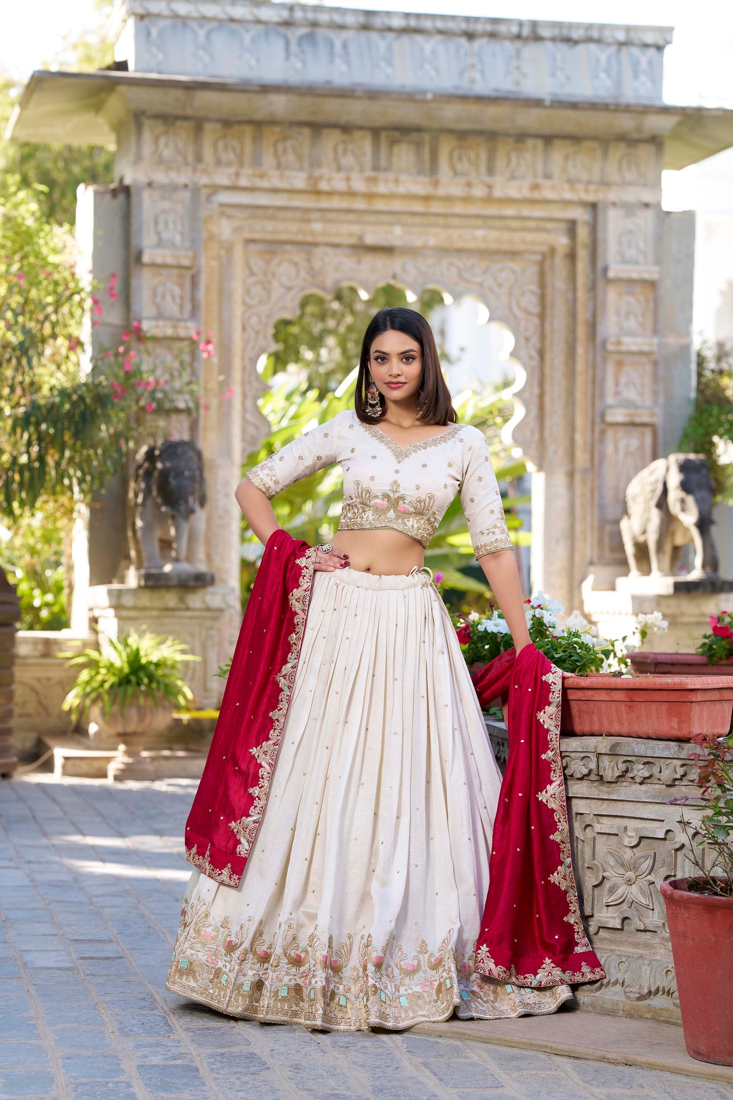Wedding Wear Off White Lehenga Choli in Vichitra Silk with Embroidered Dupatta | 2025 Collection