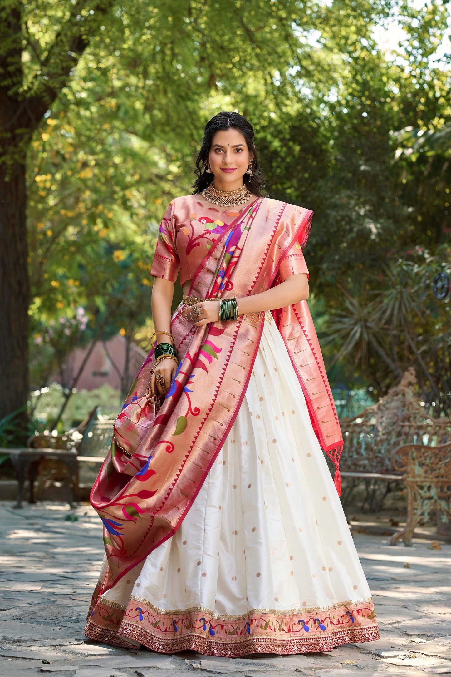 White Paithani Jacquard Silk Lehenga Choli with Pink Zari Weaving Dupatta & Batwa