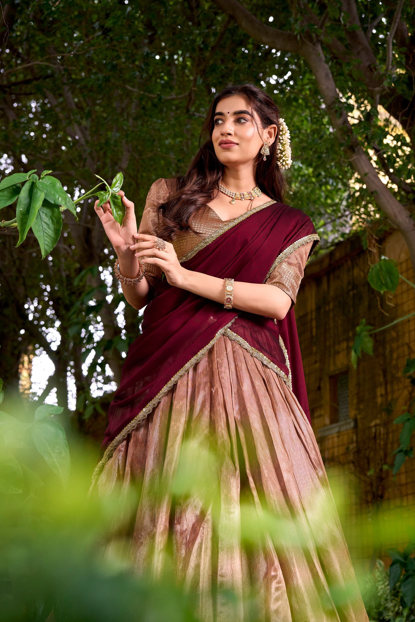 Dupion Silk Lehenga with Zari Weaving & Shimmer Dupatta