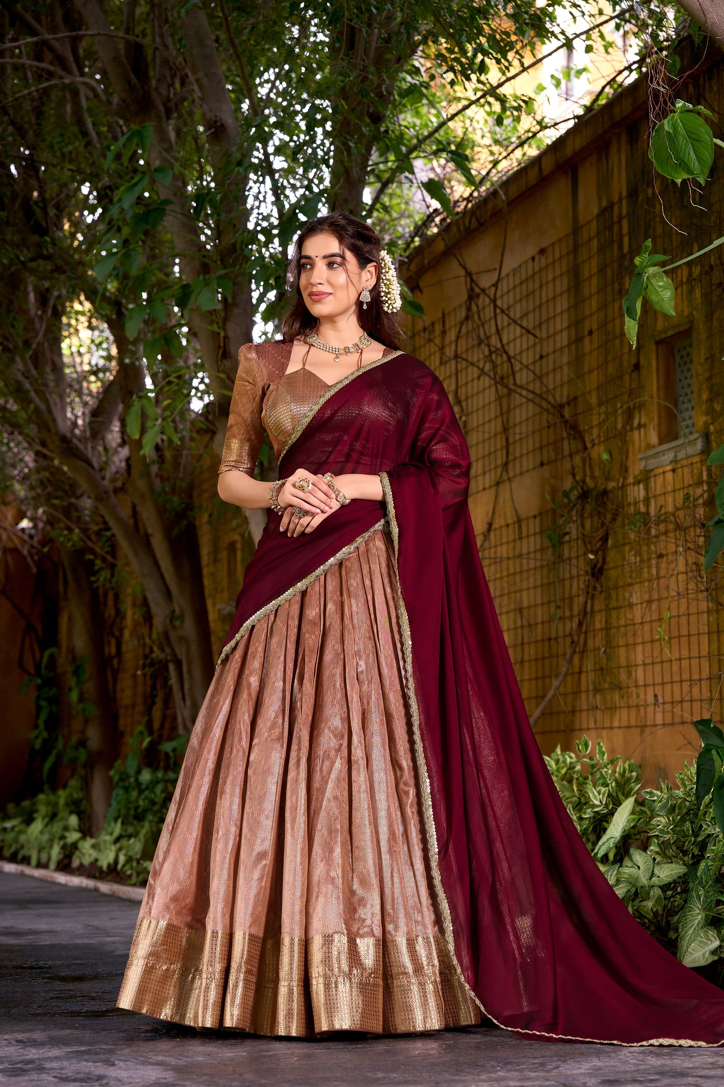 Dupion Silk Lehenga with Zari Weaving & Shimmer Dupatta