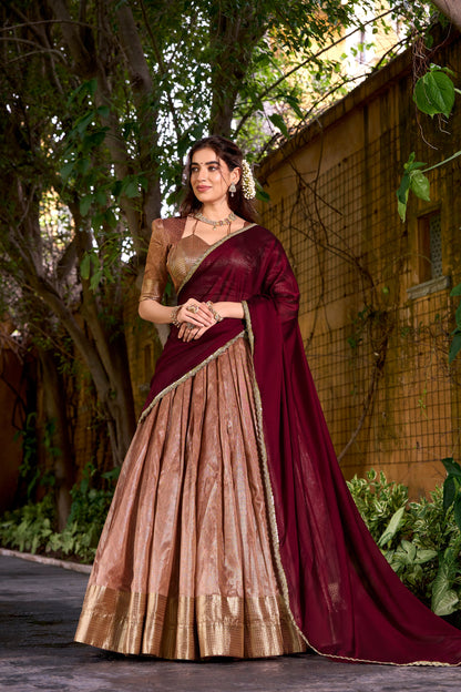 Dupion Silk Lehenga with Zari Weaving & Shimmer Dupatta