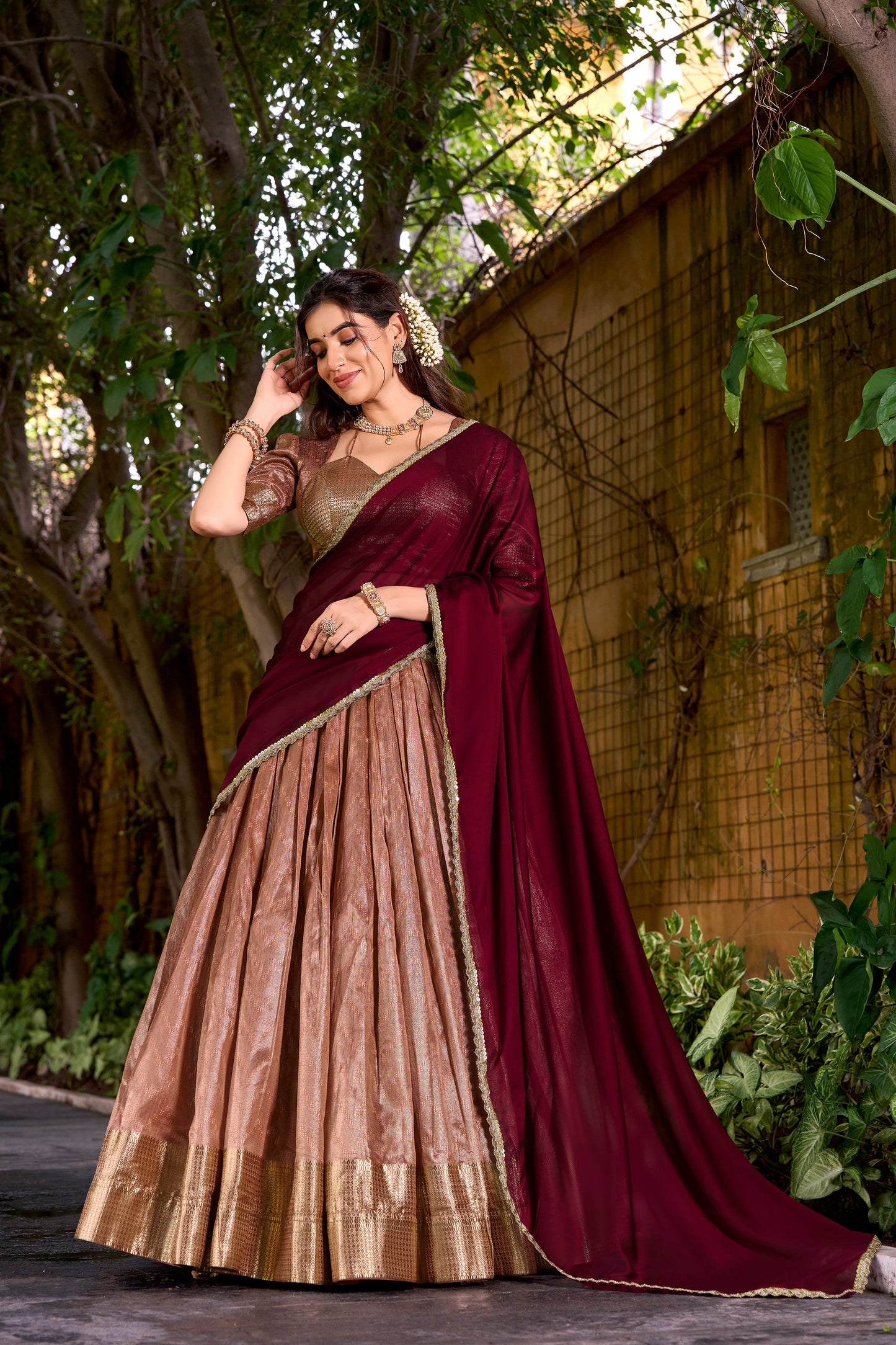 Dupion Silk Lehenga with Zari Weaving & Shimmer Dupatta