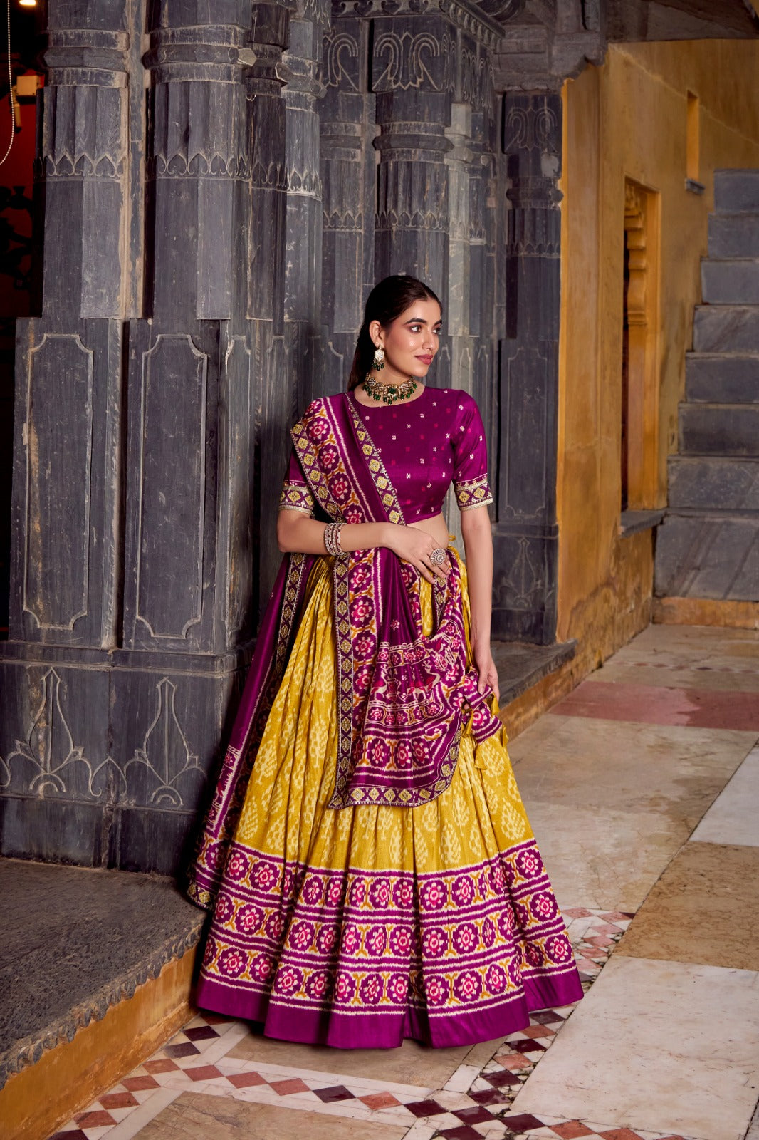 Yellow & Purple Tasar Silk Ikkat Print Lehenga with Embroidered Dupatta & Blouse