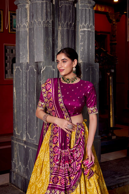 Yellow & Purple Tasar Silk Ikkat Print Lehenga with Embroidered Dupatta & Blouse