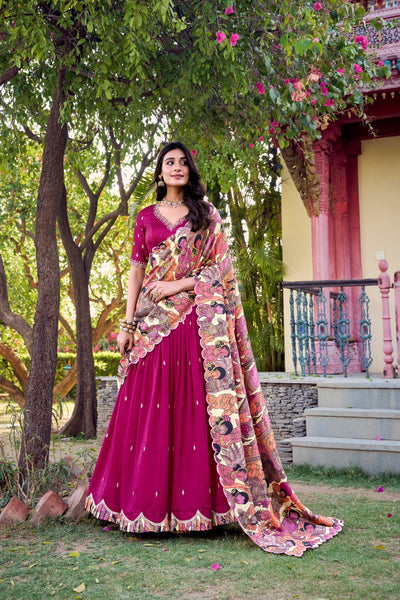 Wine Vichitra Silk Lehenga with Kalamkari Print Dupatta & Embroidered Blouse