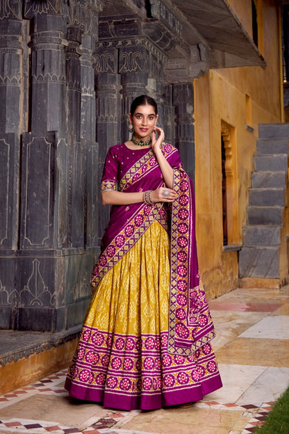 Yellow & Purple Tasar Silk Ikkat Print Lehenga with Embroidered Dupatta & Blouse