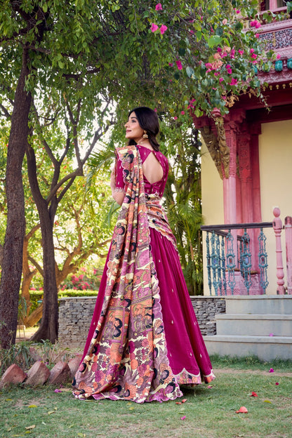 Wine Vichitra Silk Lehenga with Kalamkari Print Dupatta & Embroidered Blouse