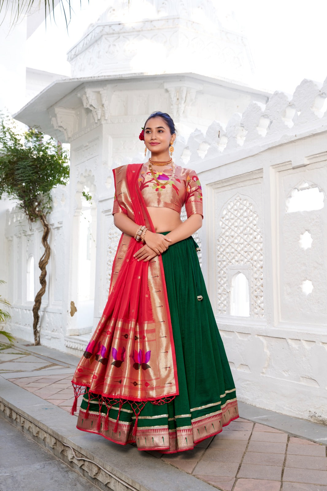 Traditional Green Vichitra Silk Lehenga with Paithani Dupatta & Jacquard Blouse