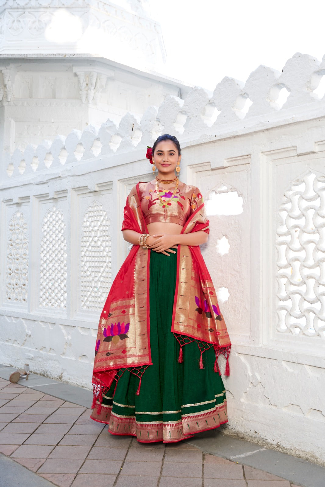 Traditional Green Vichitra Silk Lehenga with Paithani Dupatta & Jacquard Blouse