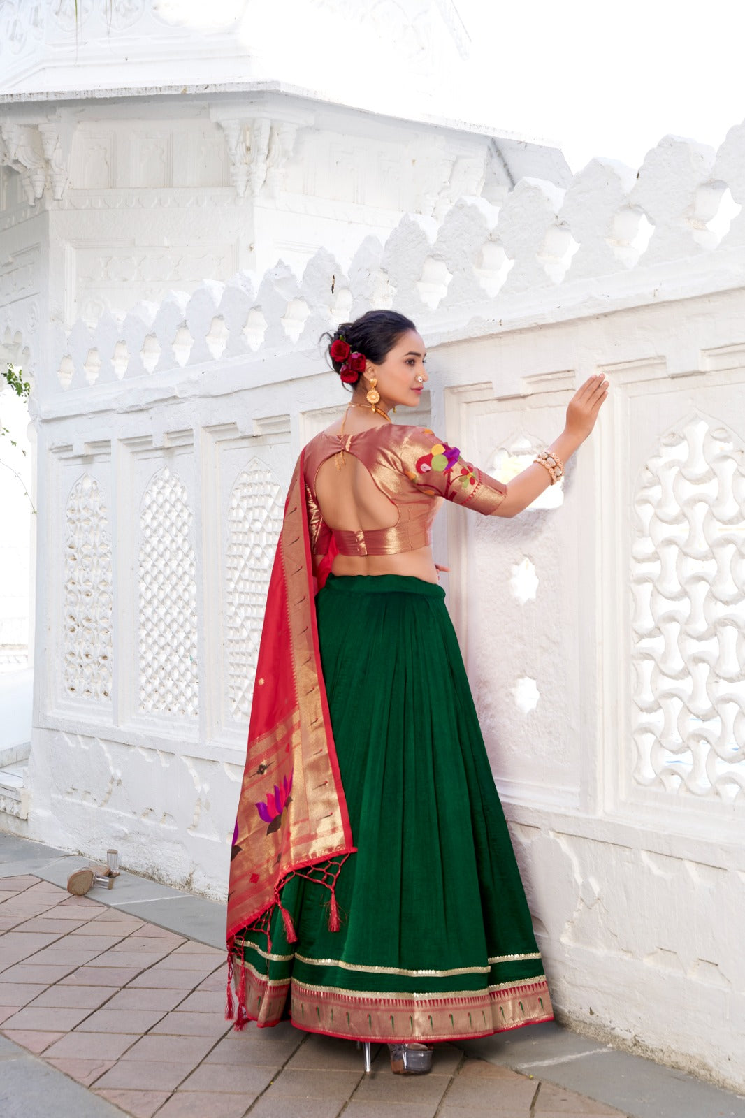 Traditional Green Vichitra Silk Lehenga with Paithani Dupatta & Jacquard Blouse