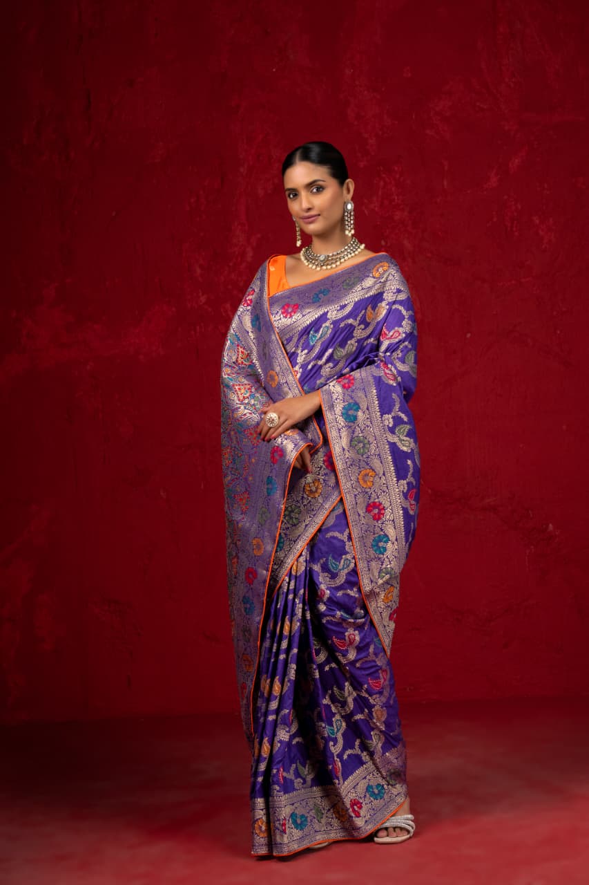 Royal Purple Pure Banarasi Dola Silk Meena Jaal Saree