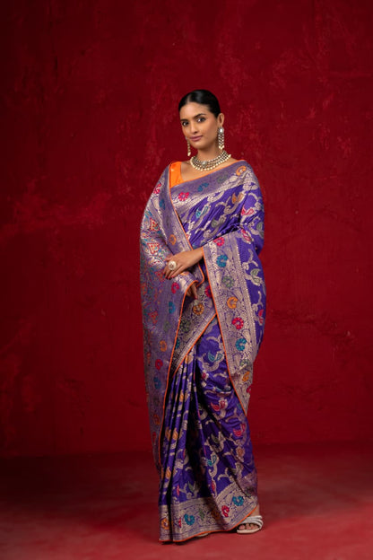 Royal Purple Pure Banarasi Dola Silk Meena Jaal Saree
