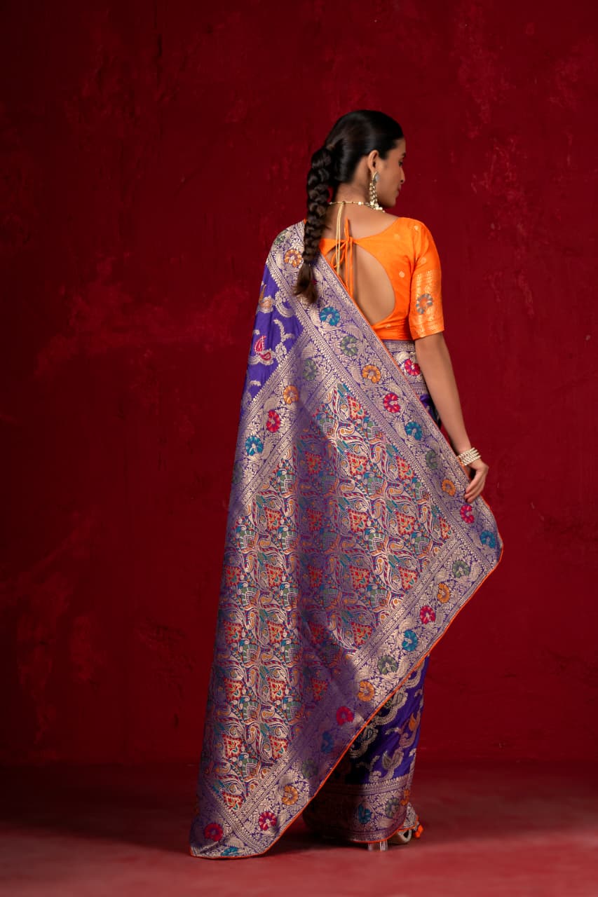 Royal Purple Pure Banarasi Dola Silk Meena Jaal Saree