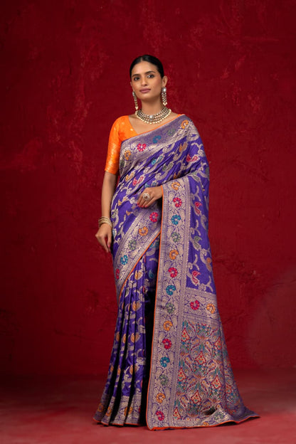 Royal Purple Pure Banarasi Dola Silk Meena Jaal Saree