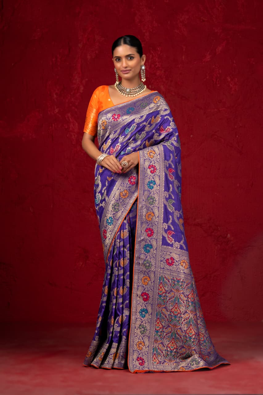 Royal Purple Pure Banarasi Dola Silk Meena Jaal Saree