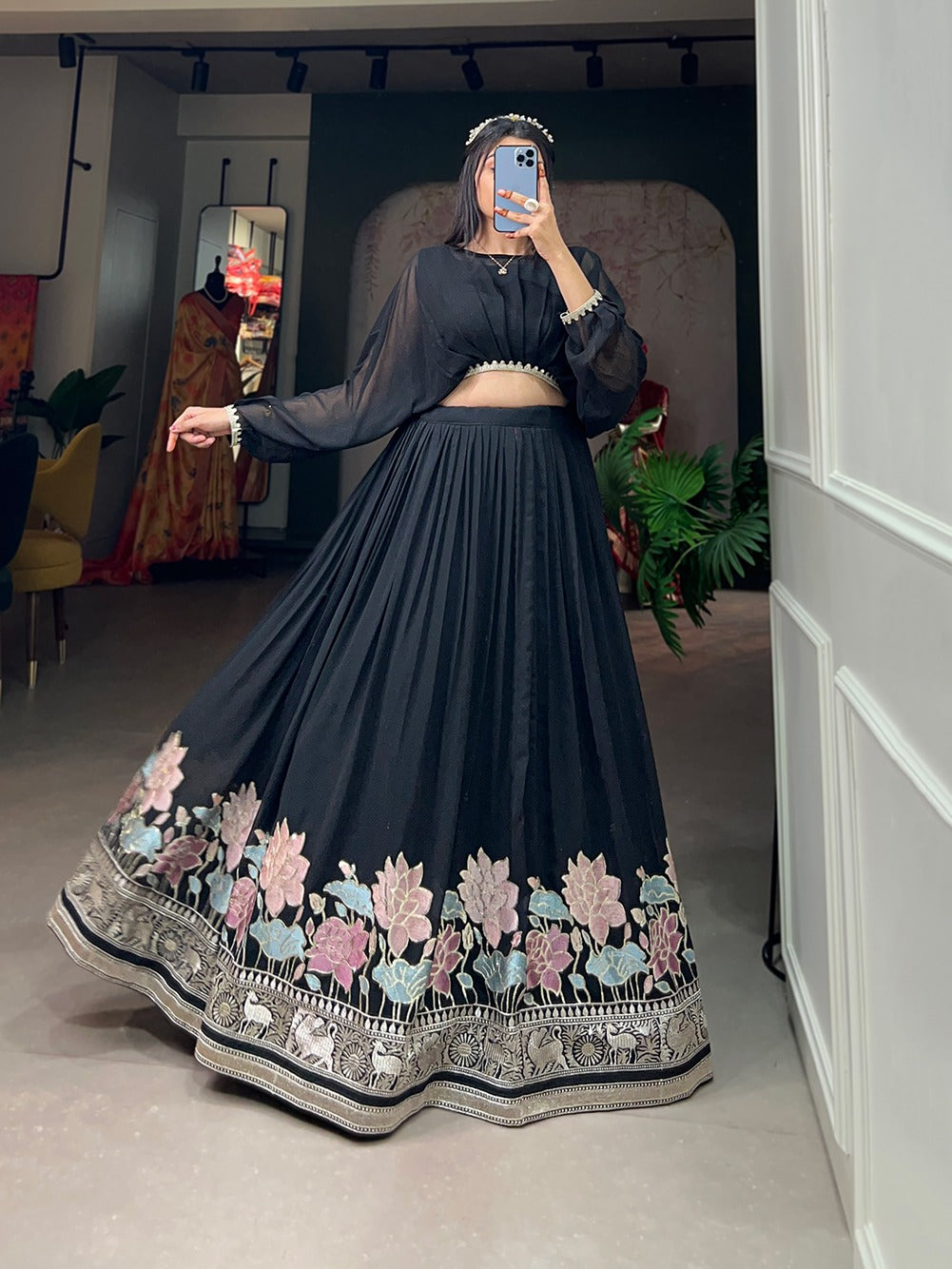 🖤 Elegant Black Georgette Lehenga Set