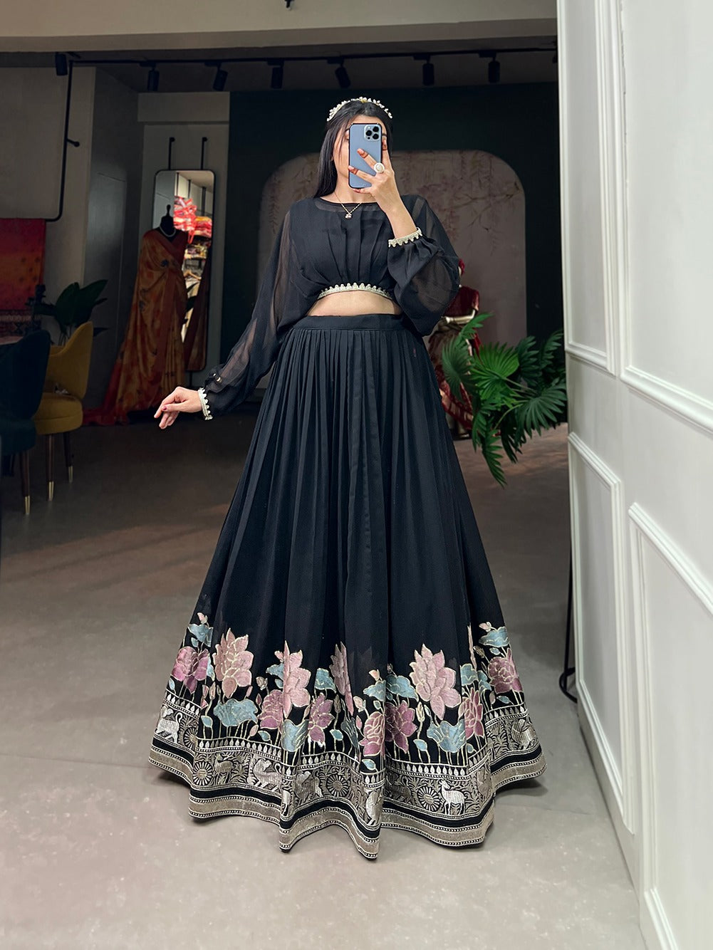 🖤 Elegant Black Georgette Lehenga Set